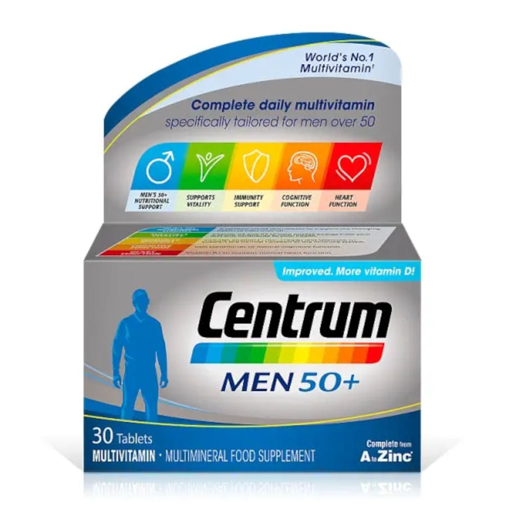 Centrum Men 50+ multivitamin supplement packaging on a white background