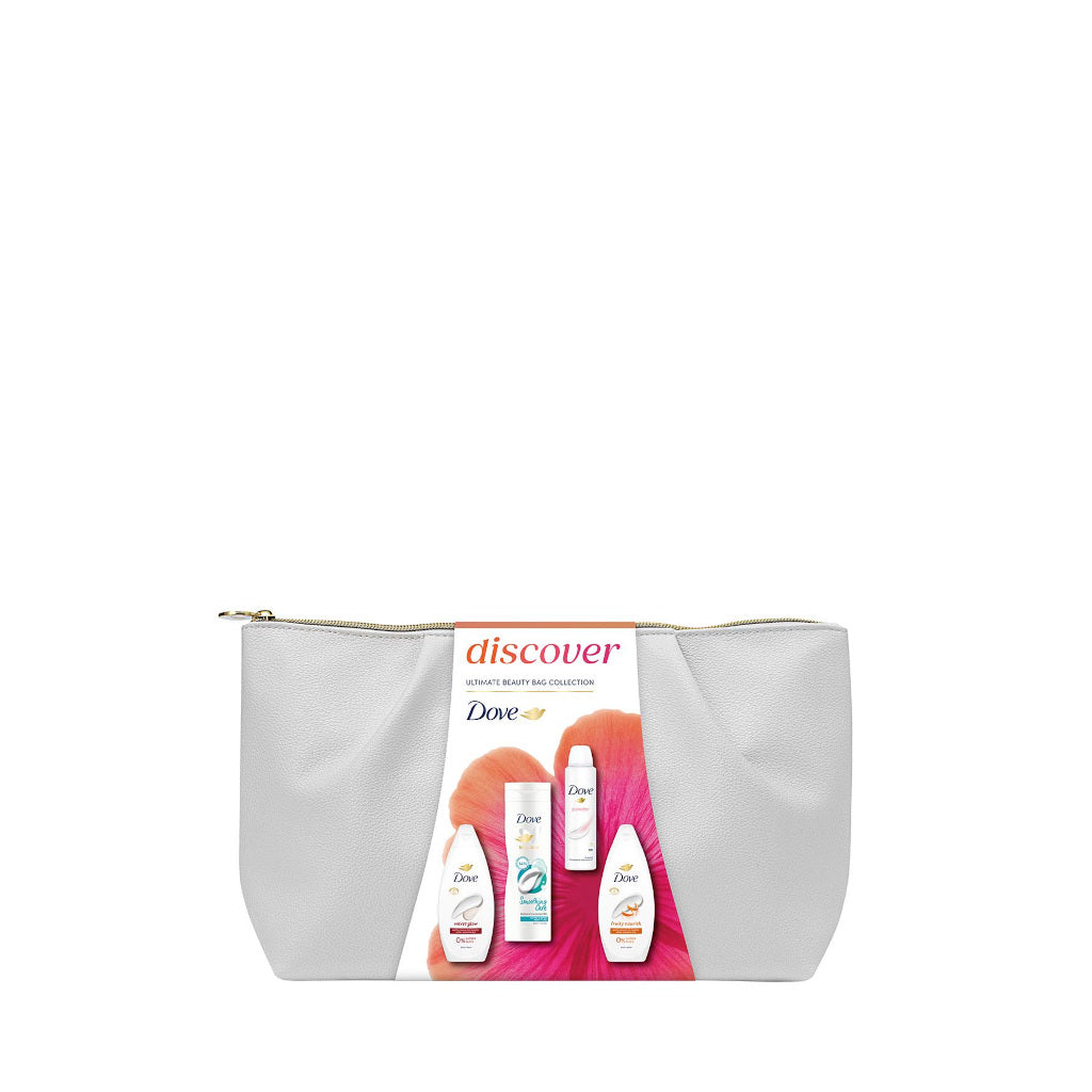 Dove beauty collection with a white pouch on a white background