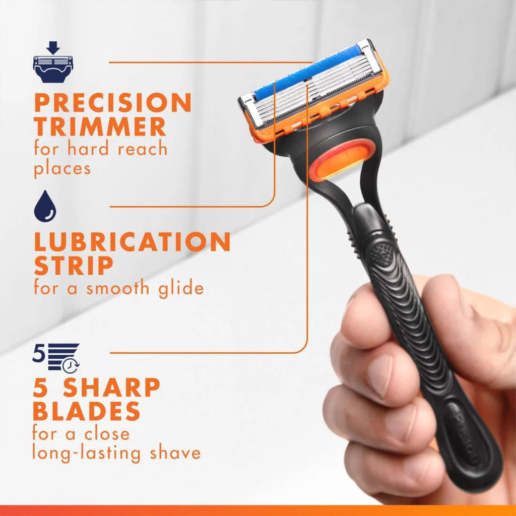 Shaving razor with features highlighted on a white background