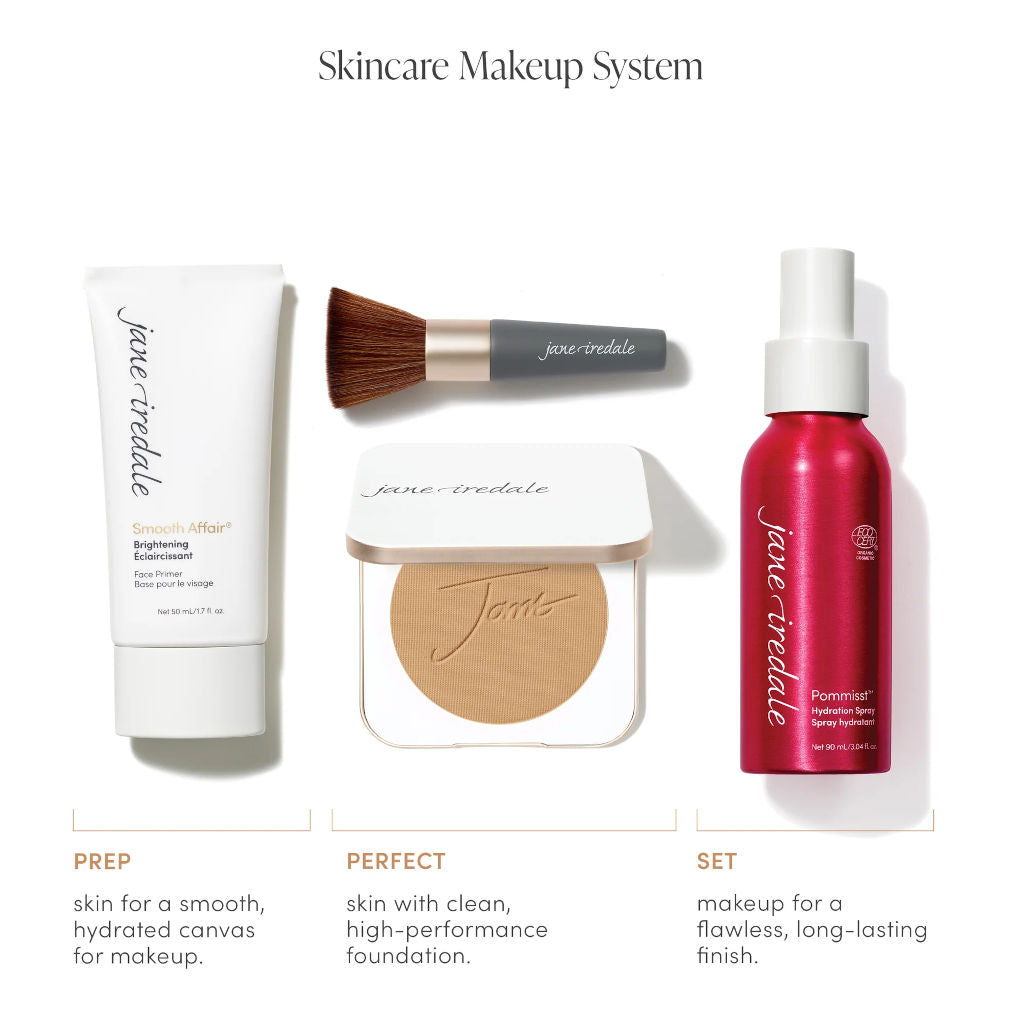 Skincare makeup system with products from jane iredale on a white background
