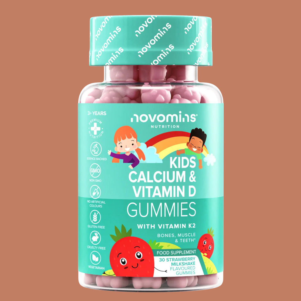 Bottle of novomins Kids Calcium & Vitamin D Gummies on a brown background