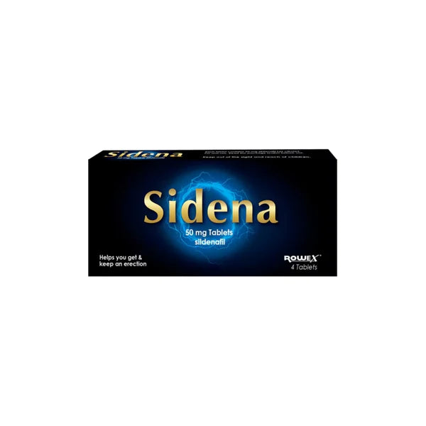 A box of Sidena 50mg tablets with branding and dosage information.