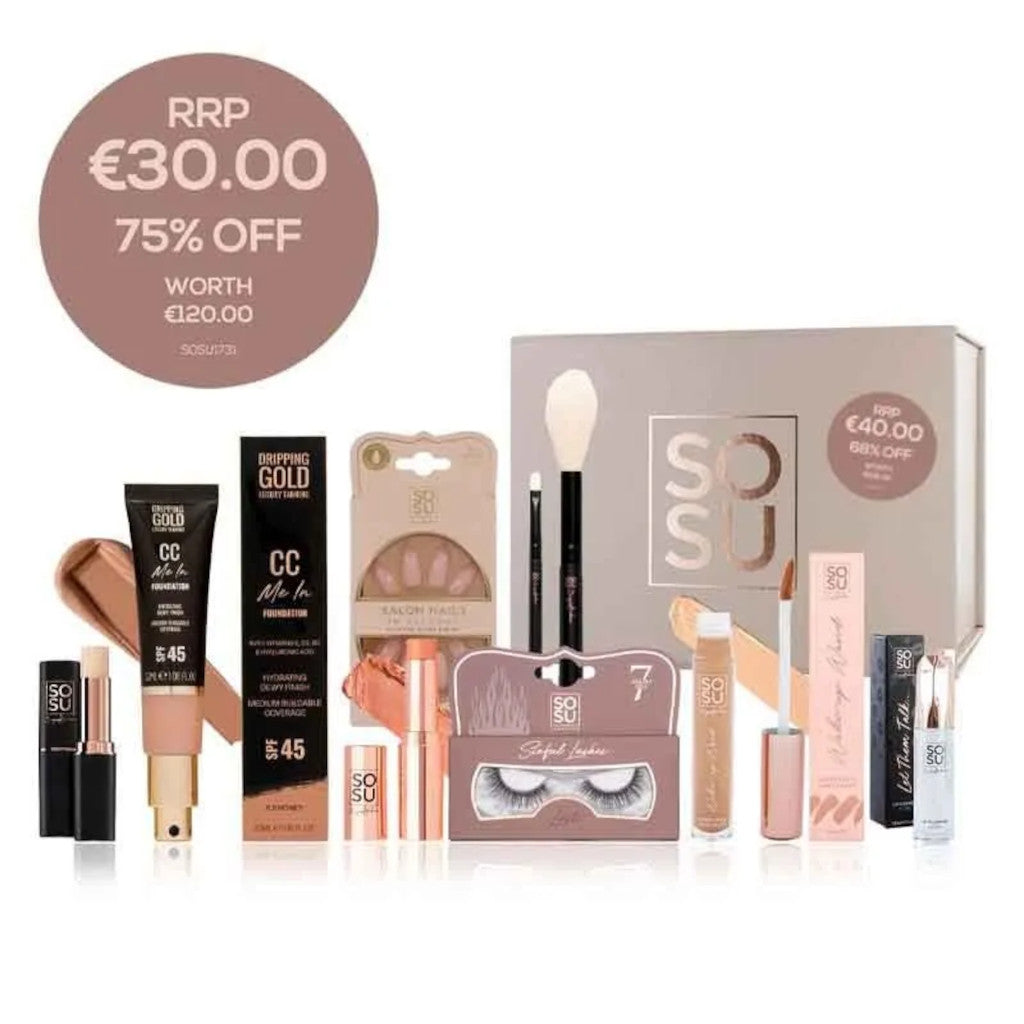 Makeup product set with various items and a discount label on a white background