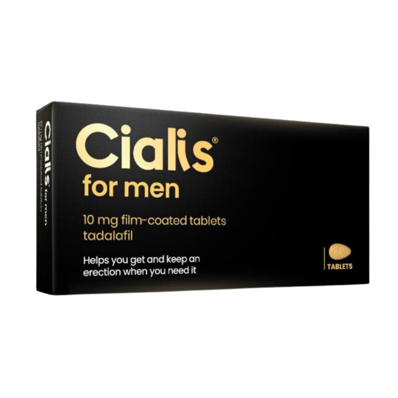 This image displays a box of Cialis for Men 10mg film-coated tablets. The packaging is sleek and discreet, primarily black with gold lettering that highlights the product name and dosage information.