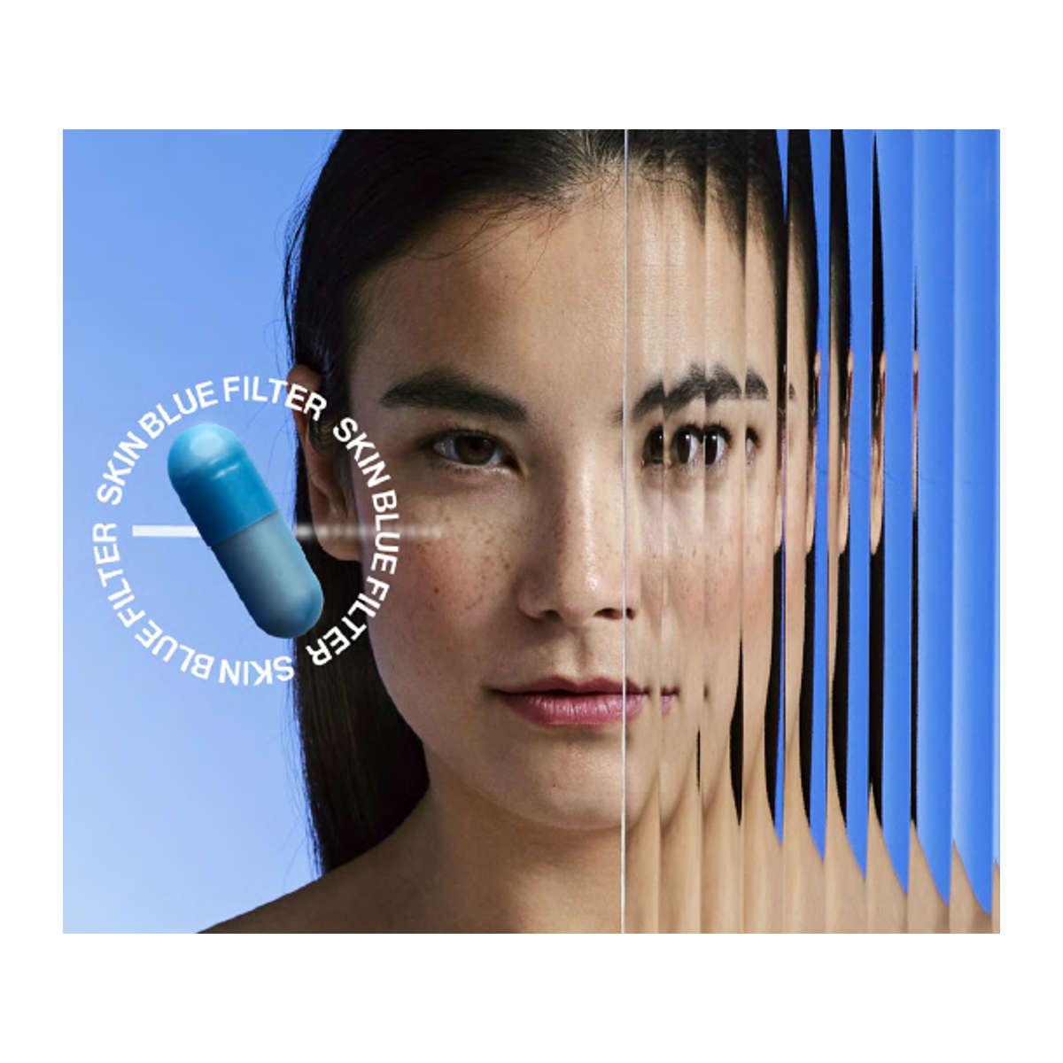 Woman's face with blue filter applied to skin on a white background