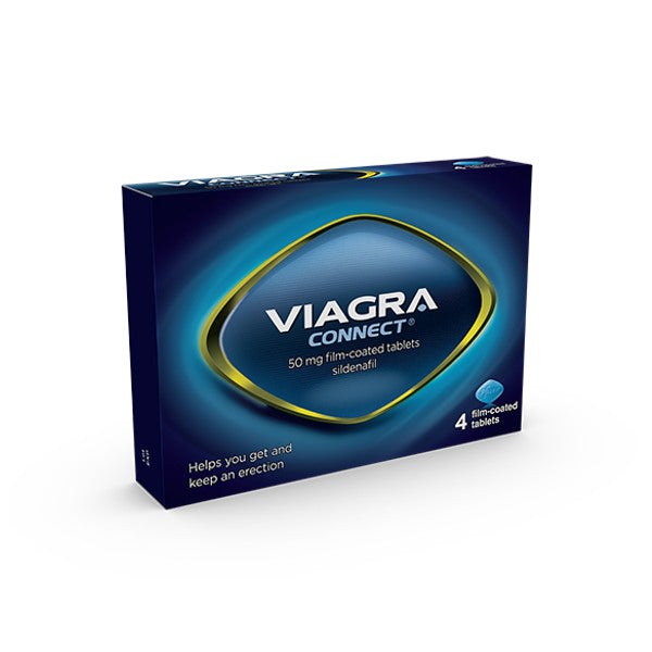 A box of Viagra Connect tablets with 50mg dosage displayed, indicating it helps with erection problems in men.