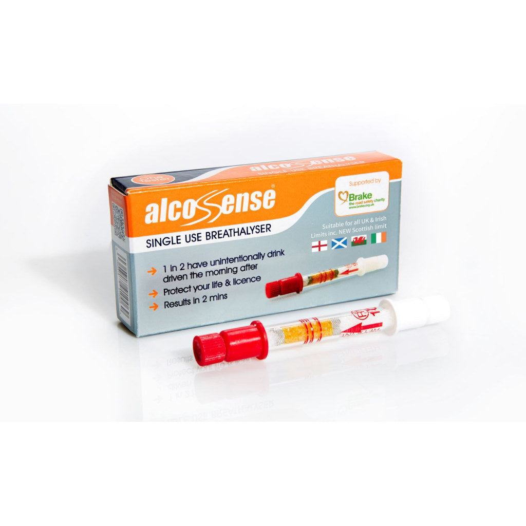 AlcoSense single use breathalyser packaging on a white background