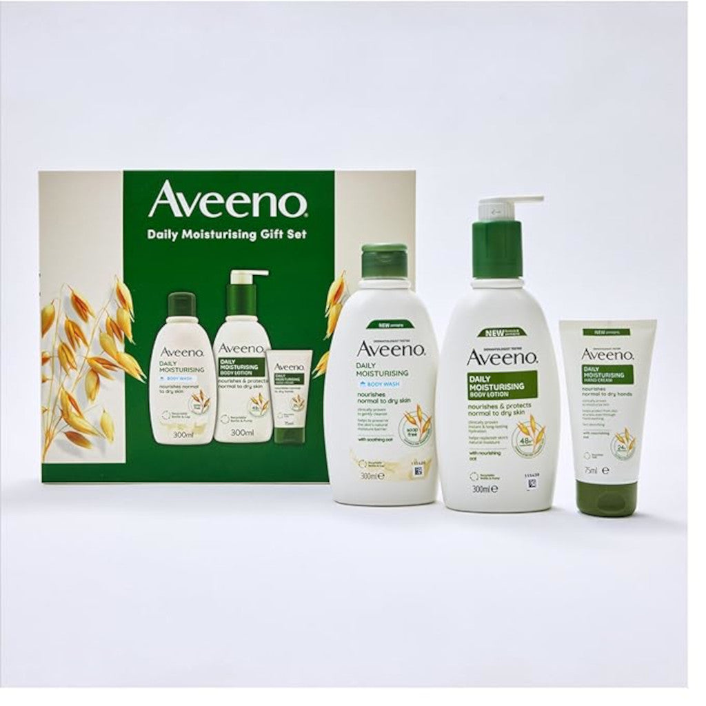 Aveeno daily moisturizing gift set with various products on a white background