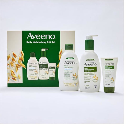 Aveeno daily moisturizing gift set with various products on a white background