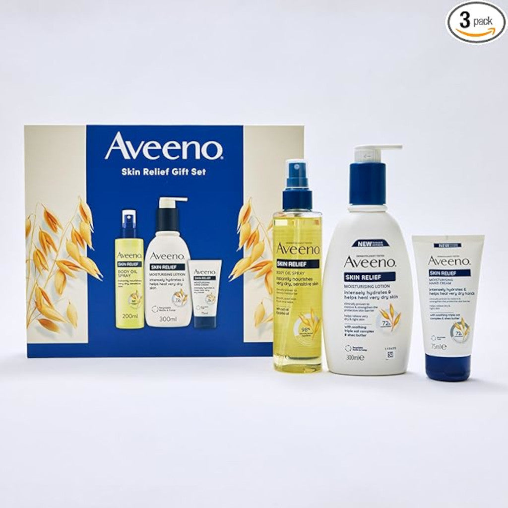 Aveeno Skin Relief gift set with various products on a white background