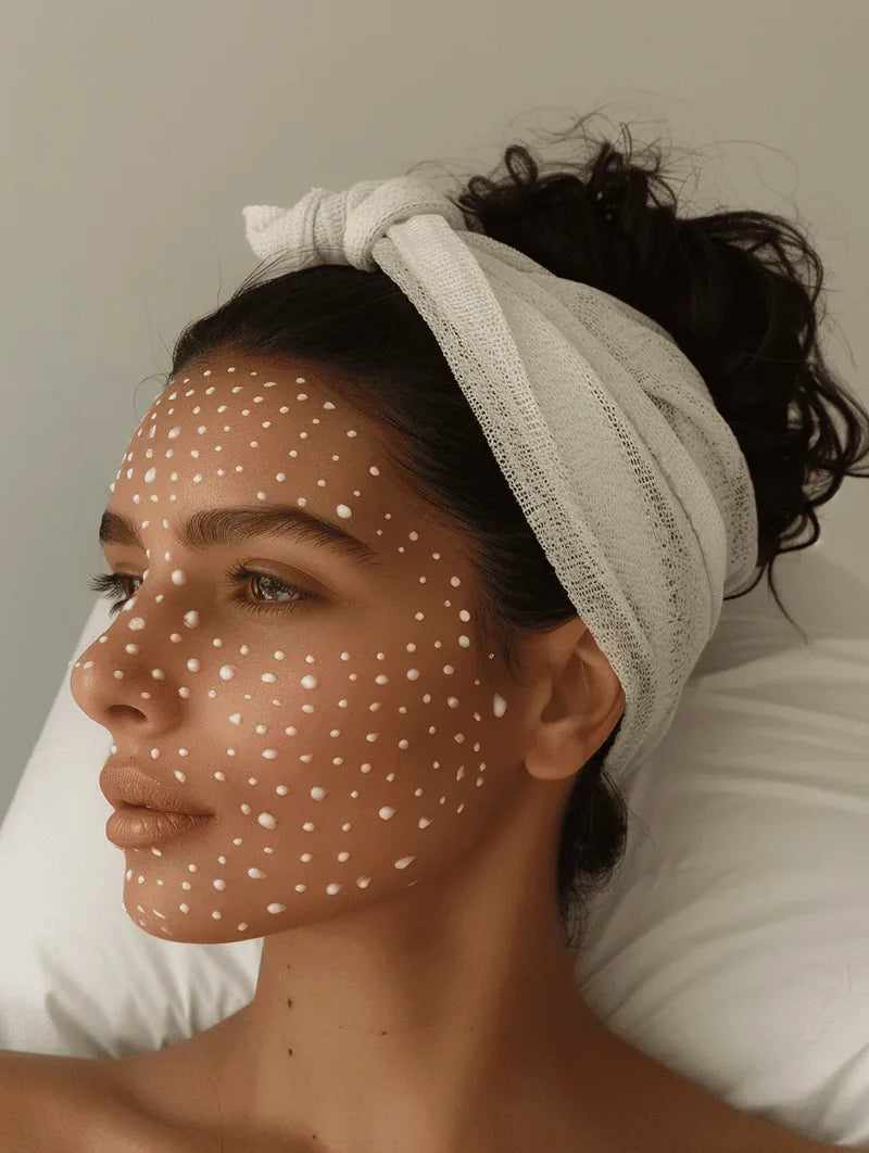 Cell Story Model with a headband and visible facial pattern on a neutral background