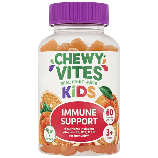 Bottle of Chewy Vites Kids immune support gummy vitamins with a purple cap on a white background.