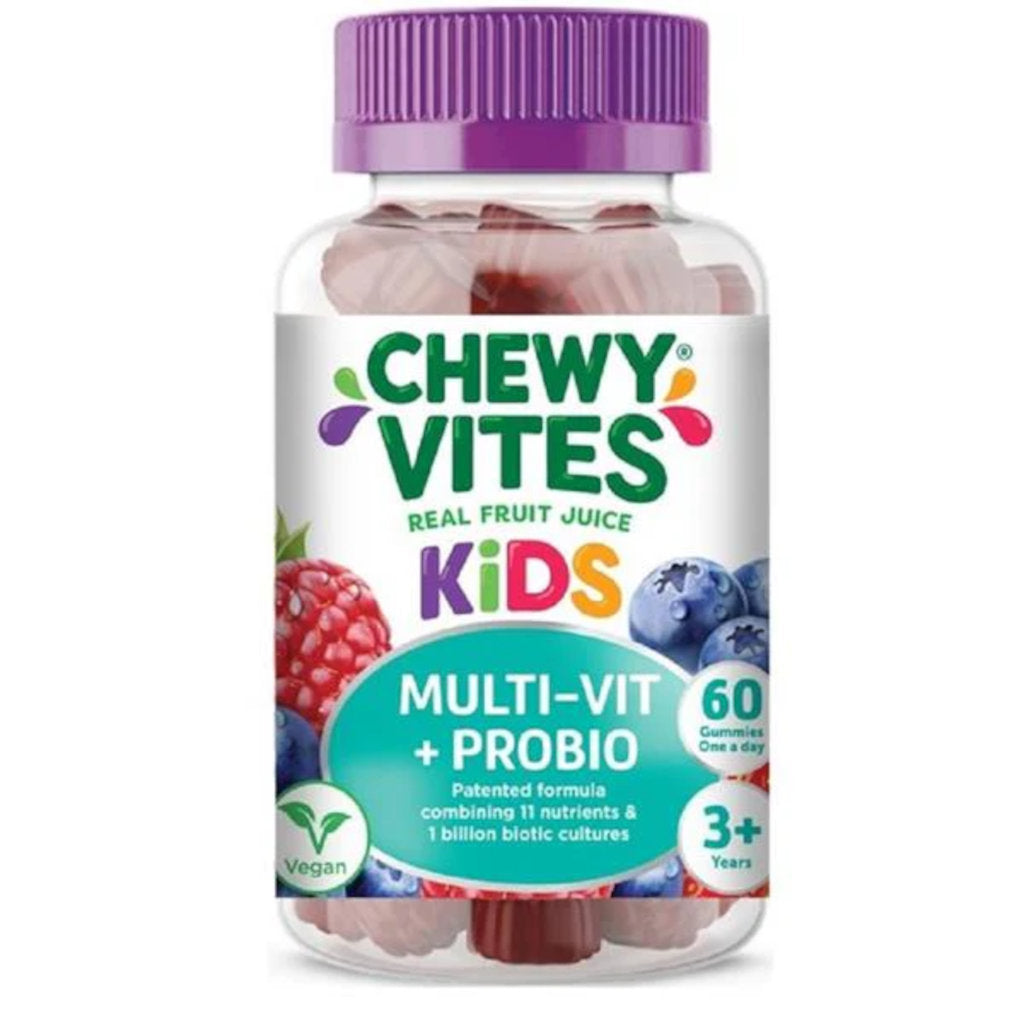 Bottle of Chewy Vites Kids Multi-Vit + Probio gummies with a purple cap on a white background
