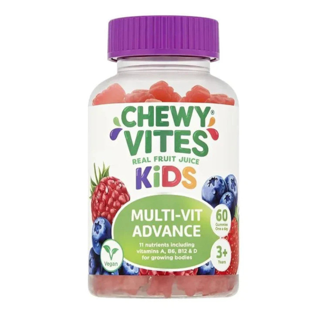 Jar of Chewy Vites Kids Multi-Vit Advance gummy vitamins with a purple lid on a white background