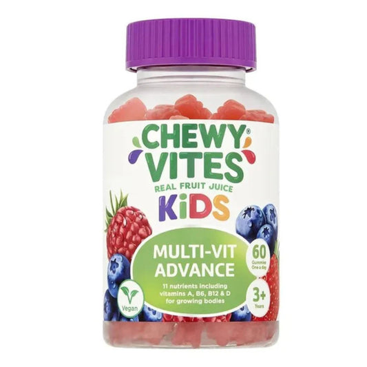 Jar of Chewy Vites Kids Multi-Vit Advance gummy vitamins with a purple lid on a white background
