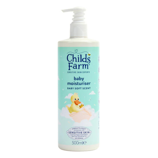 Childs Farm baby moisturizer bottle on a white background