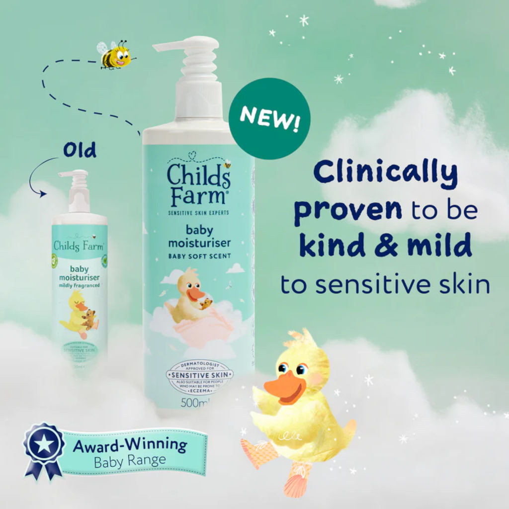 Child's Farm baby moisturizer with duck illustration on a light green background