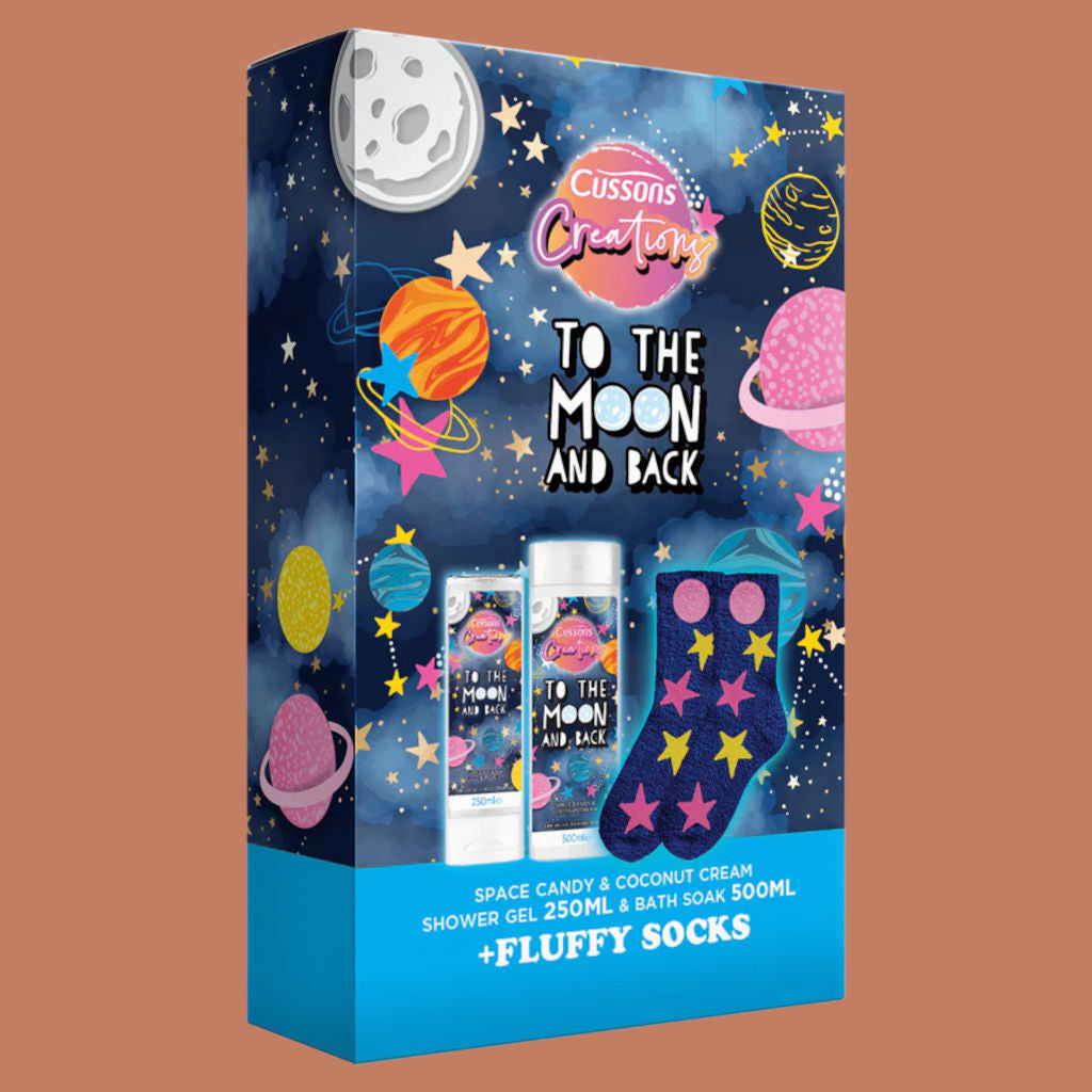 Product packaging with space-themed design featuring 'Cussons Creations' on a brown background.