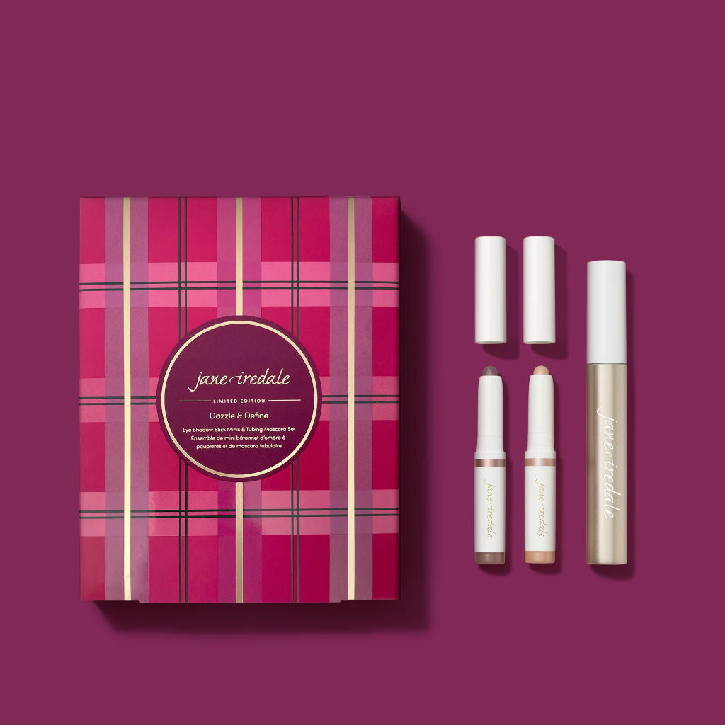 Jane Iredale makeup products with a plaid box on a purple background