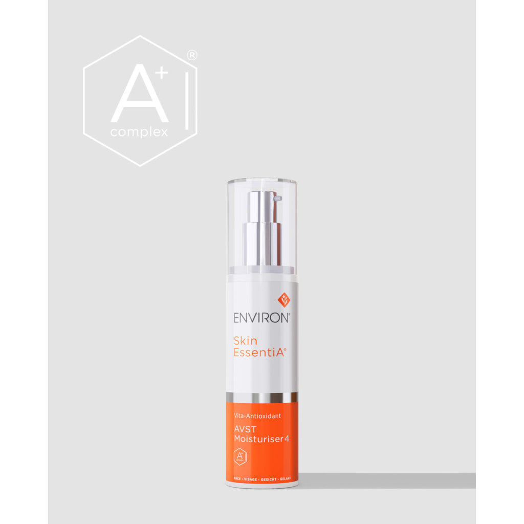 Skincare bottle labeled 'Environ' on a light gray background