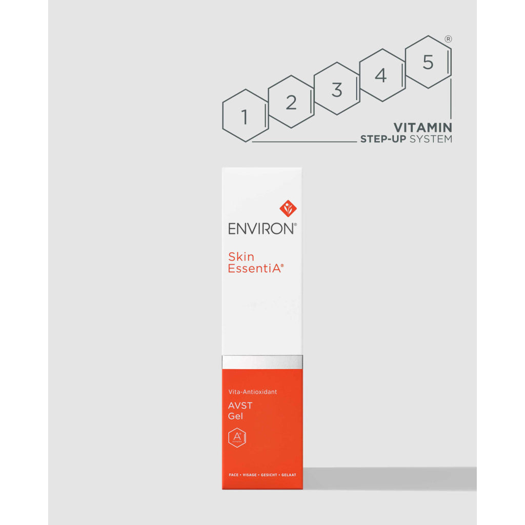 Environ Skin EssentiA AVST Gel packaging on a light gray background with brand logo.