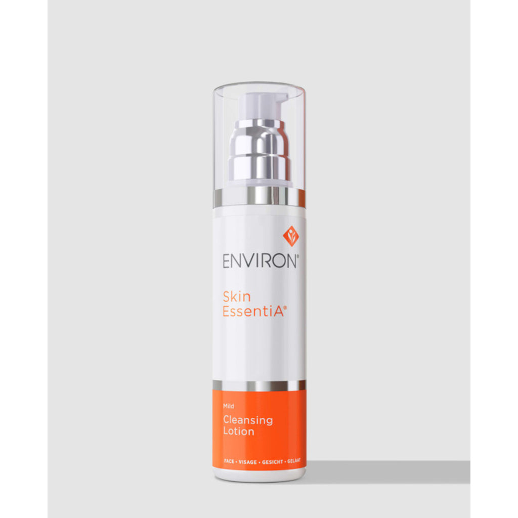 Skincare bottle labeled 'Environ Skin Essentia' on a light gray background