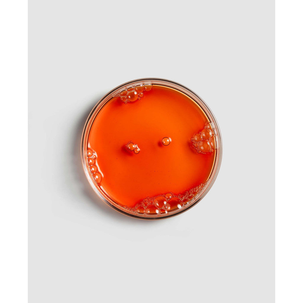 Petri dish with red liquid and visible bacteria colonies on a light gray background
