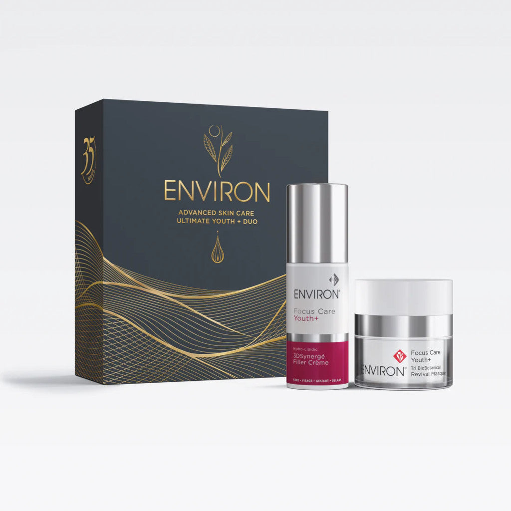 Environ skincare products including a box, serum, and cream on a white background
