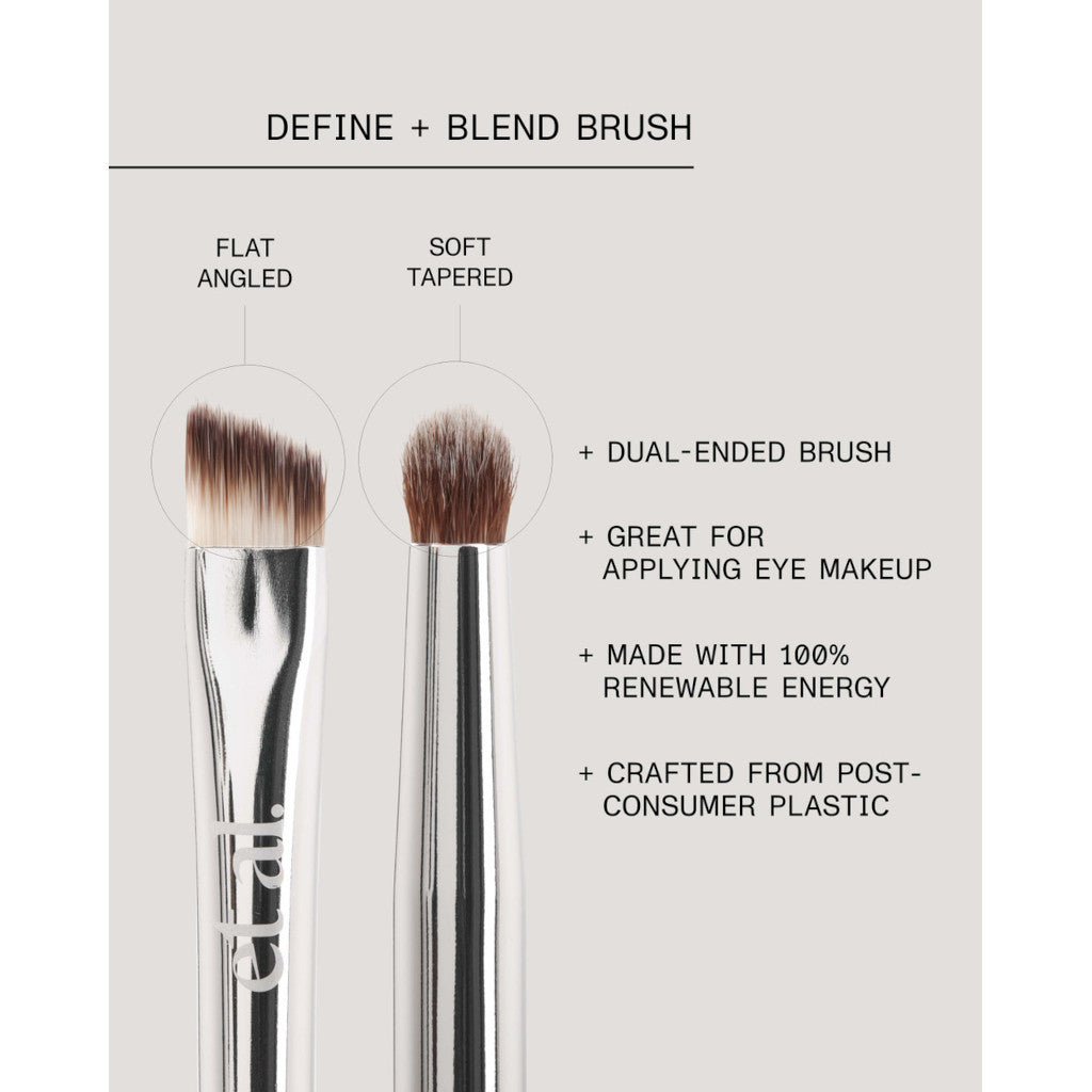 Two makeup brushes with specifications on a light gray background