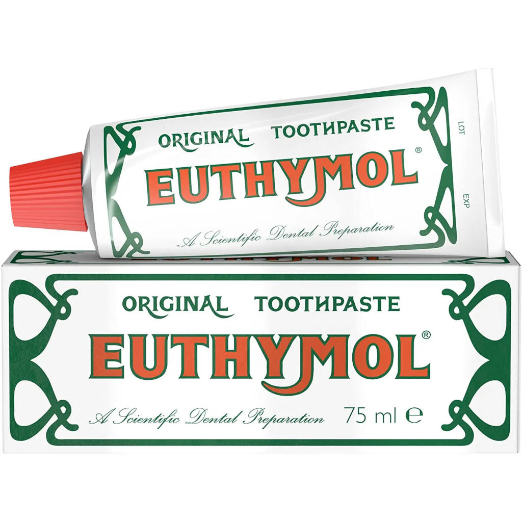 Euthymol toothpaste tube and packaging on a white background