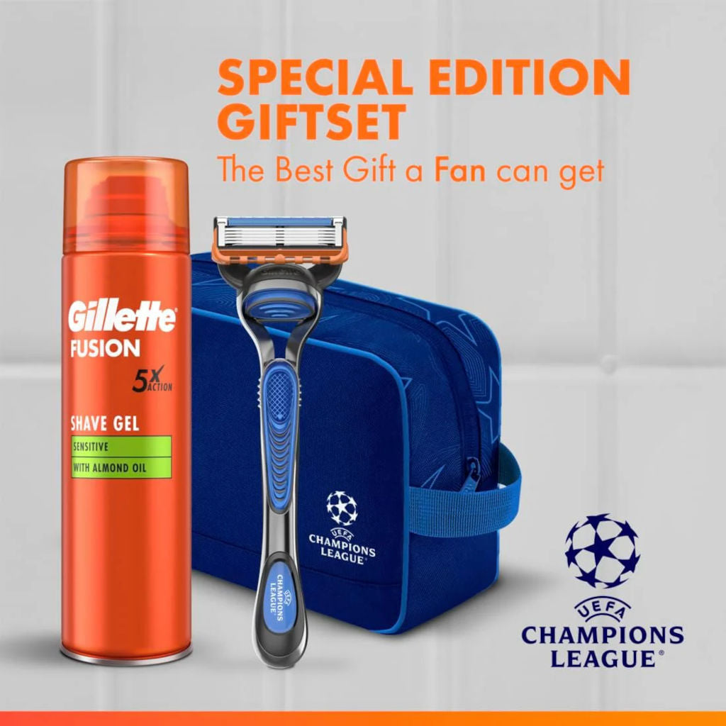 Gillette Fusion shaving set with Champions League branding on a gray background