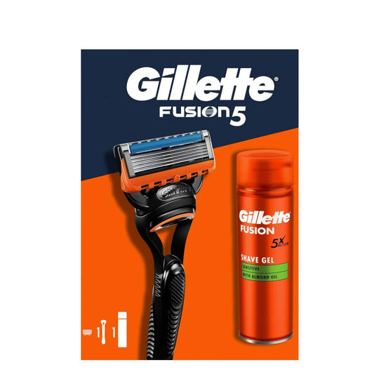 Gillette Fusion5 razor and shave gel on an orange background with Gillette logo.