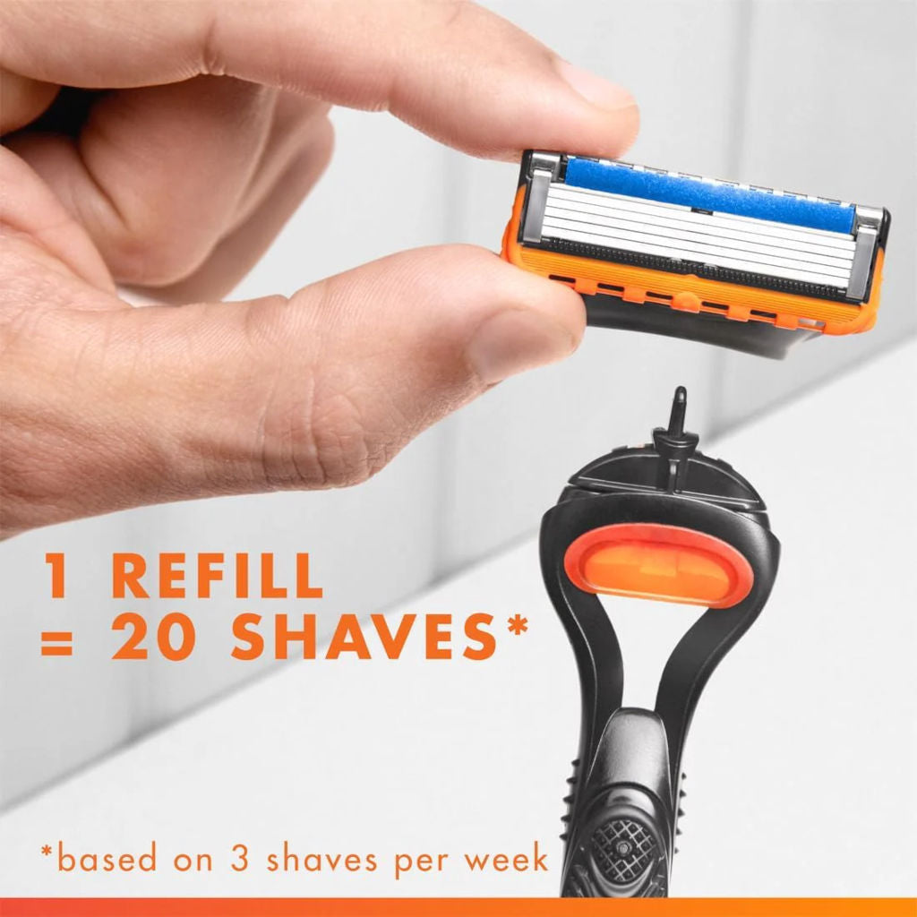 Hand holding a razor refill with a razor below, on a light gray background.