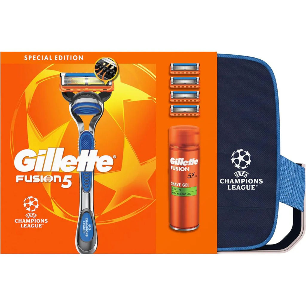 Gillette Fusion5 razor set with Champions League branding on an orange and blue background