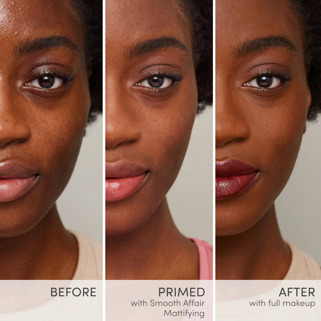 Before, primed, and after makeup comparison on a woman's face.