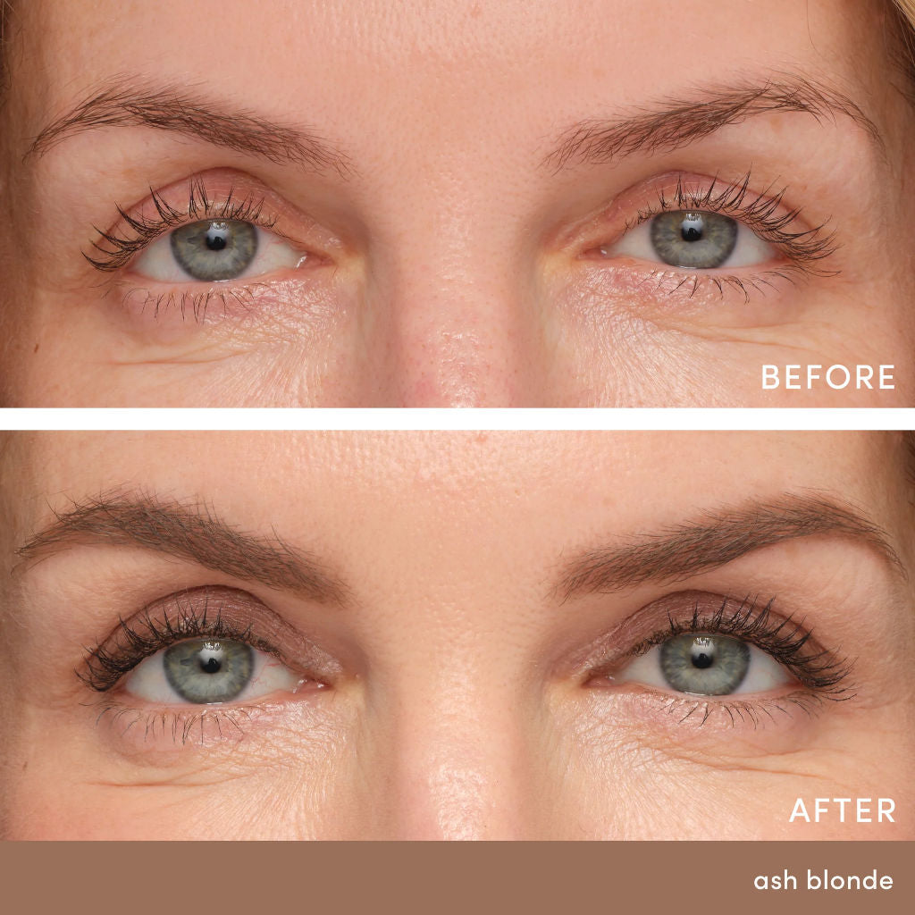 Before and after comparison of ash blonde hair color on a person's face.