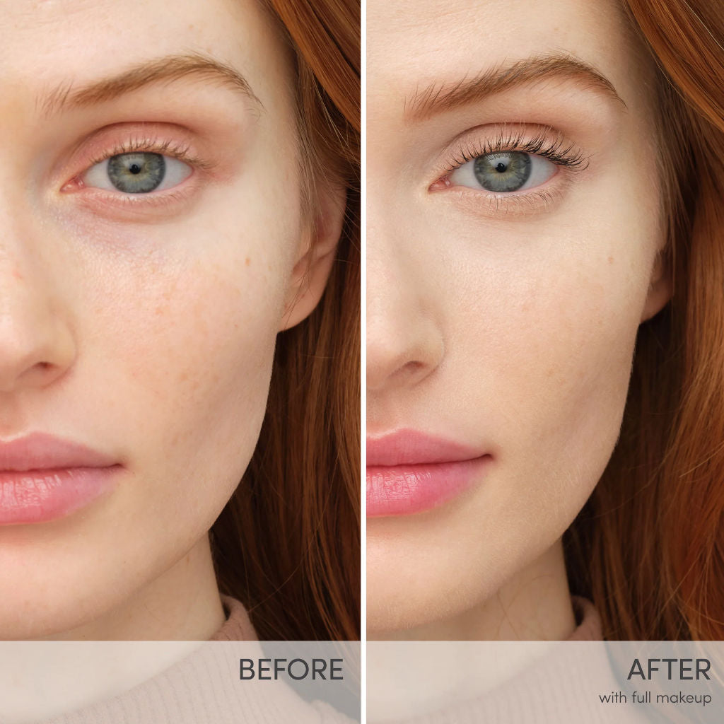 Before and after makeup comparison of a woman's face with red hair.