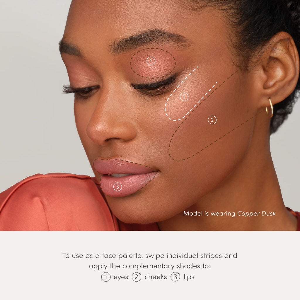 Woman with makeup application diagram on her face, wearing Copper Dusk shade.