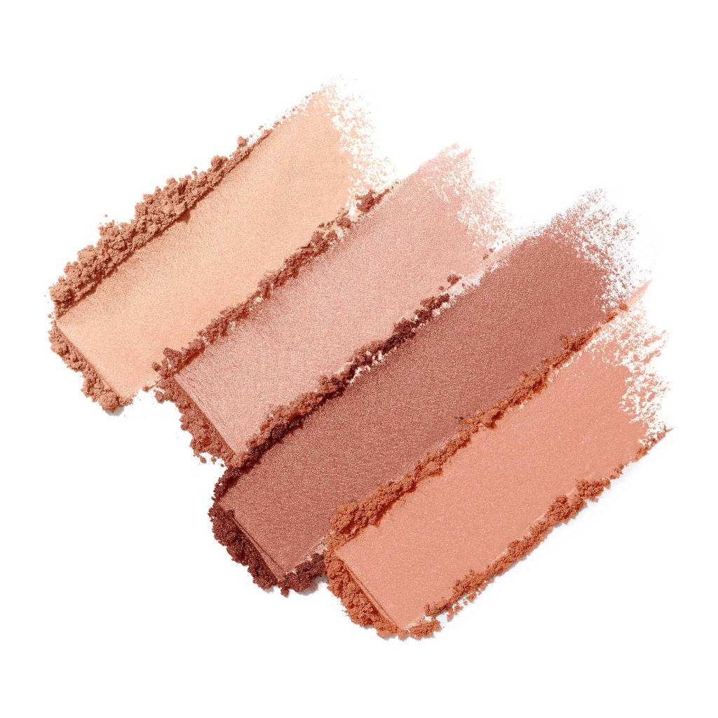 Set of four makeup swatches in various shades of pink and brown on a white background