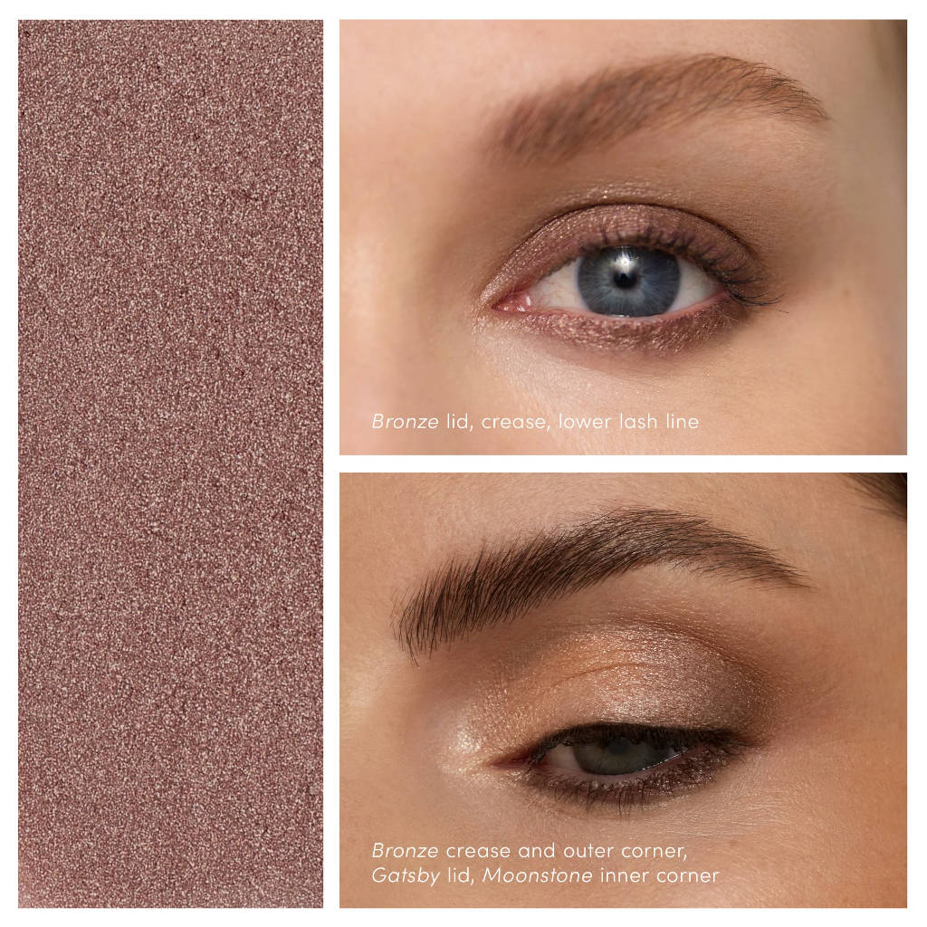 Collage showing bronze eyeshadow application on a model's eye with close-up of color swatch.