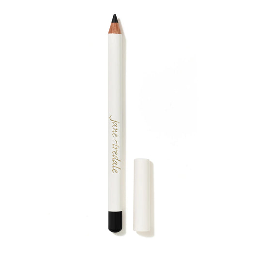 White makeup pencil with black cap and matching white case on a white background
