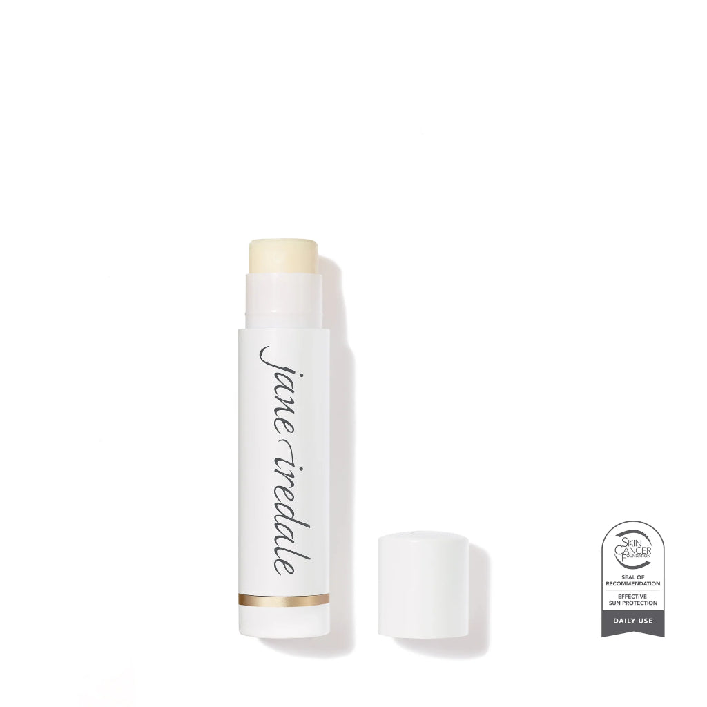 White lip balm with 'jane iredale' branding on a white background