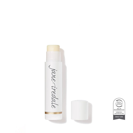 White lip balm with 'jane iredale' branding on a white background