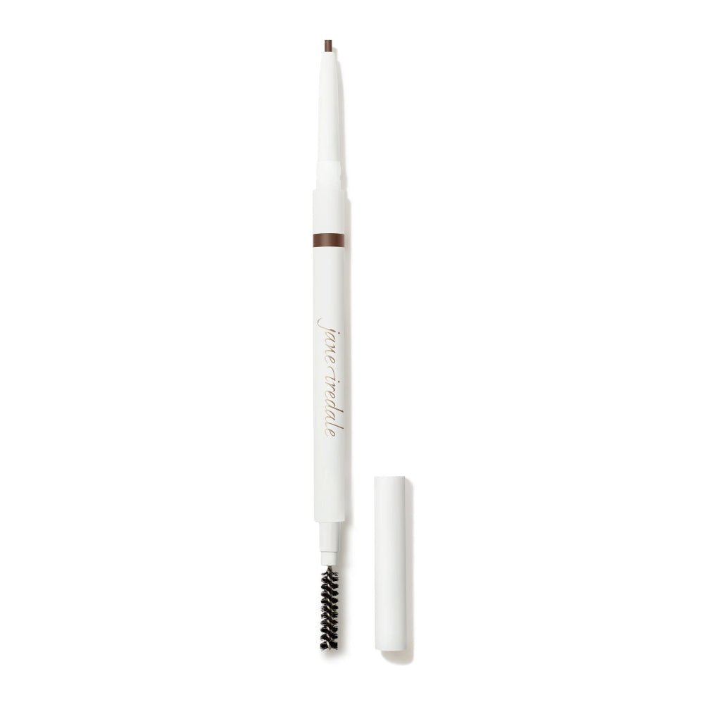 Eyebrow pencil with white casing and brown tip on a white background