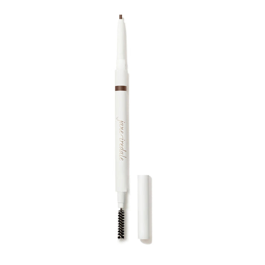 Eyebrow pencil with white casing and brown tip on a white background