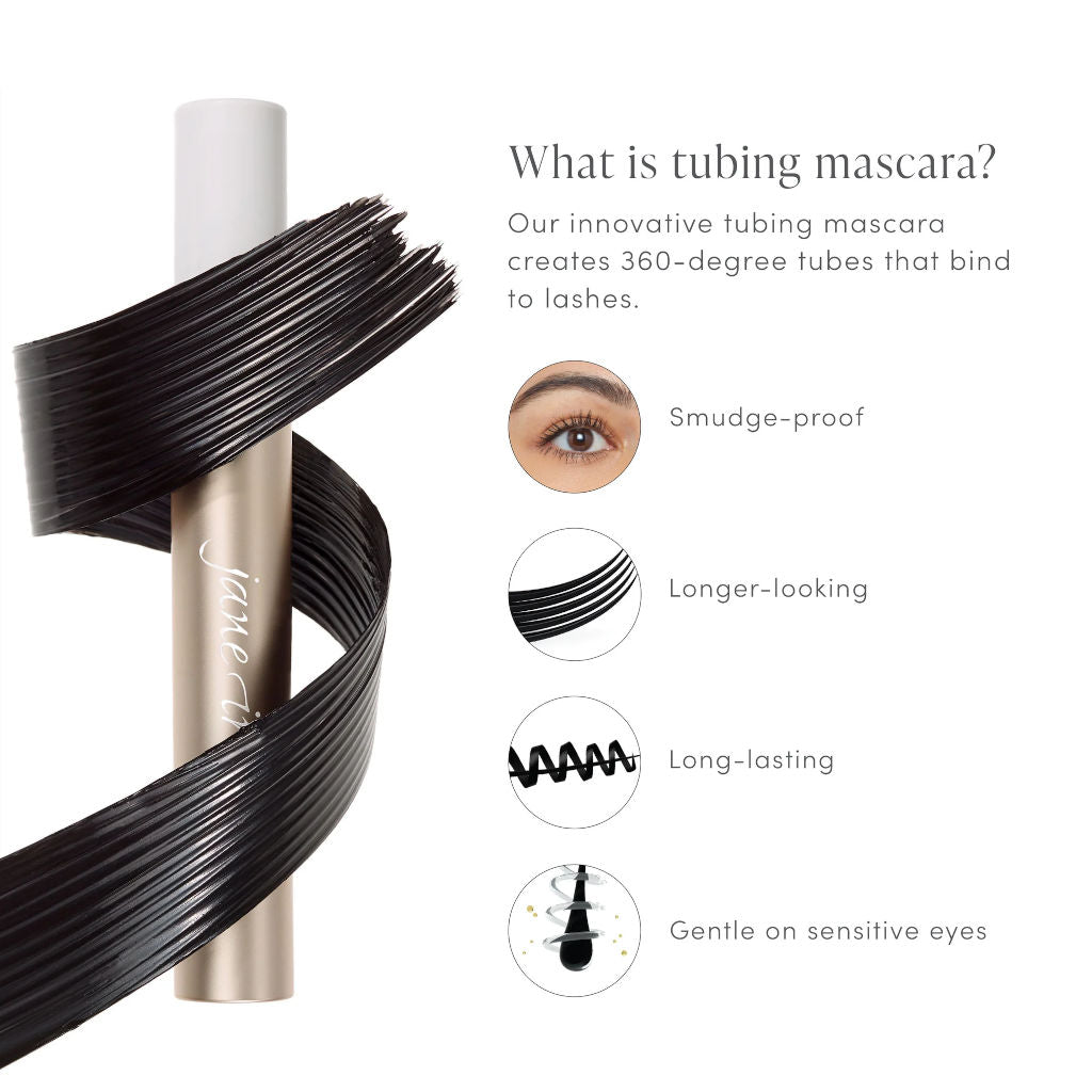 Innovative tubing mascara with features listed on a white background