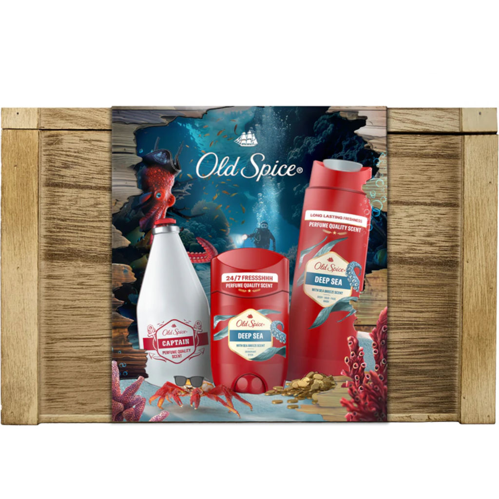 Old Spice product set with bottles and packaging on a wooden background