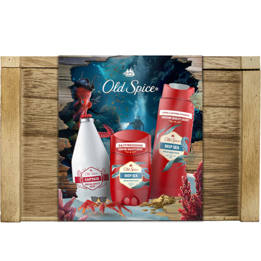 Old Spice product set with bottles and packaging on a wooden background