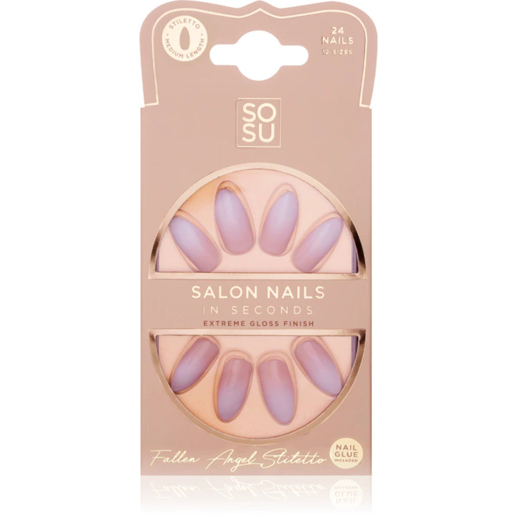 Packaging of SOSU salon nails with pink and purple nail designs on a white background