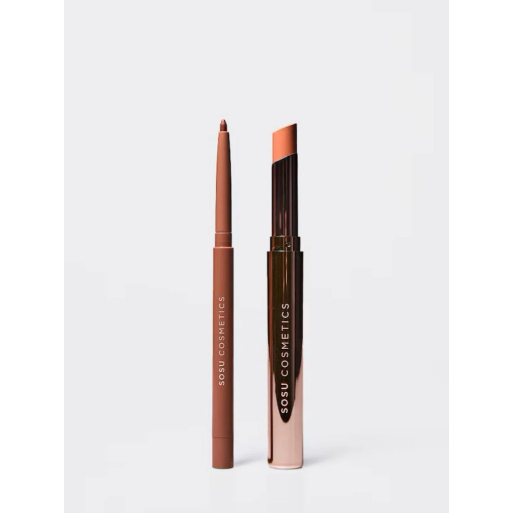 Two cosmetic products, a lip liner and a lip gloss, with 'Sous Cosmetics' branding on a light gray background.